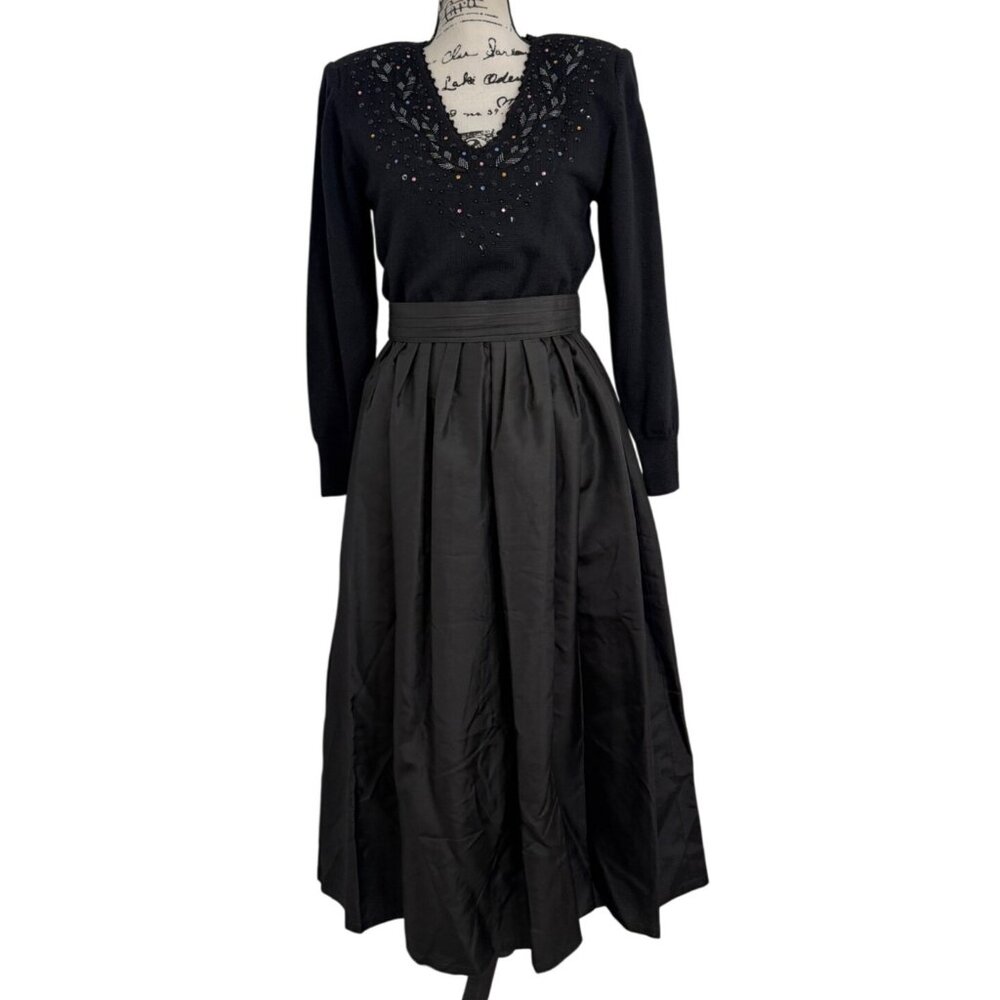 Vtg 70s Ciao Black Embellished Sweater & Satin Full Skirt Dress MCM Women Size 6